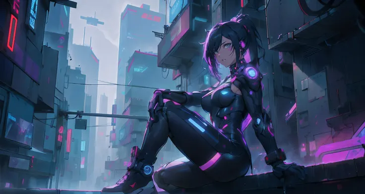 Anime girl sitting on shelf in futuristic city with neon lights, Digital Cyberpunk Anime Art, anime cyberpunk art, digital cyberpunk - anime art, cyberpunk anime art, female cyberpunk anime girl, Cyberpunk Anime Girl, Cyberpunk anime girl mecha, modern cyb...