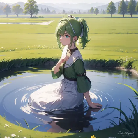 green field, white background, sitting in the middle, inside in the circle in the middle, water reflection,