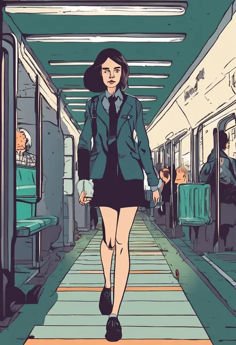 skinny anorexia,elongated body, in a school uniform in tights, walks in the subway. A lot of people on the background