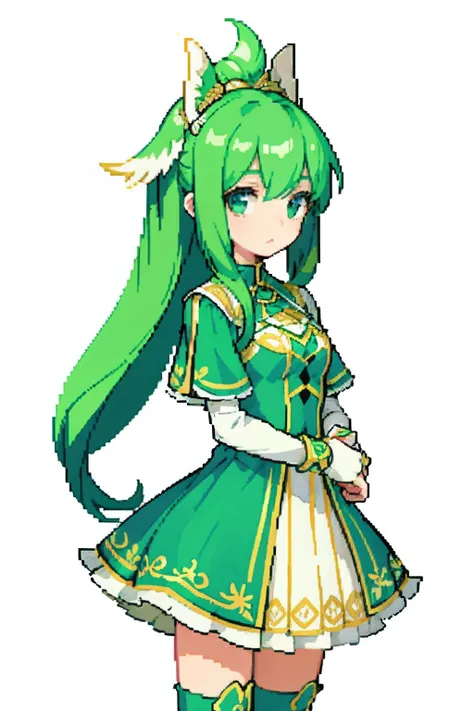 Masterpiece, Top quality, Best quality), pix,Pixel art, 1 girl, Pasture green bundles of hair, full bodyesbian, Green warrior costume