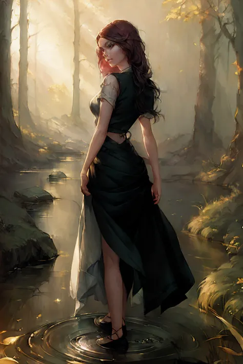 There was a woman standing in the creek in the woods, charlie bowater art style, Beautiful digital illustration, Loish et WLOP, charlie bowater character art, charlie bowater rich deep colors, Charlie Bowater style, stunning digital illustration, beautiful...