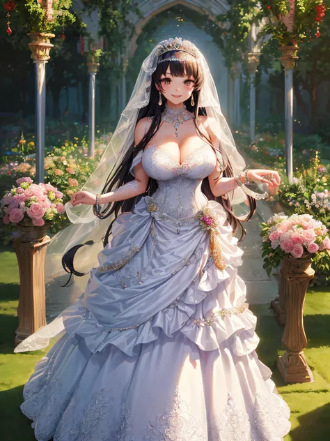 (masterpiece, best quality,extremely detailed,moe anime art style:1.2),1girl, (solo), cute, kawaii,digital art,((1 fantasy princess wearing beautiful embroidery and jeweled gorgeous wedding dress with voluminous full length hoop skirt)),crinoline,((volumin...