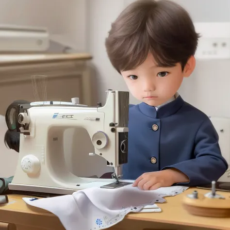 A boy in a blazer sits in front of a sewing machine sewing，Black color hair