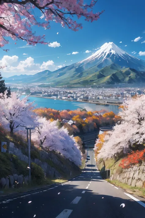 Mountains, roads leading to mountains, rivers, cherry trees, falling leaves, roses on the side of the road,Blue sky with few clouds, Japanese city in the distance