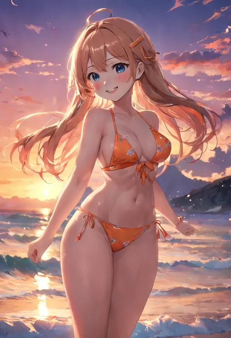 top-quality, ​masterpiece, 超A high resolution, Photorealsitic, 1girl, full bodyesbian、The bikini、Sunset、evening glow, a smile、Mare