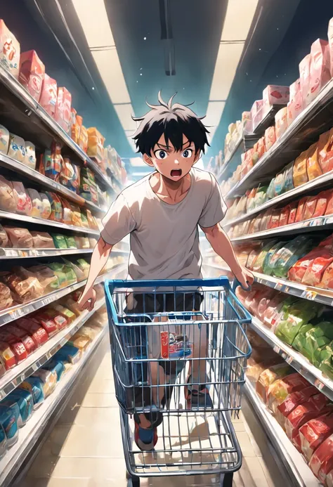 Screen description：The supermarket is crowded，The items on the shelves were swept away。A man in a white T-shirt holds a shopping basket，Run from shelf to shelf，Try to find more items。His eyes were firm，The face was full of anxiety and determination。People ...