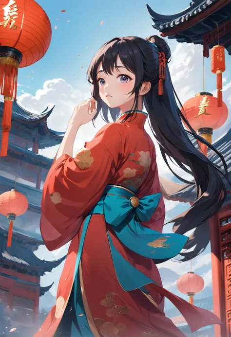 A Chinese-style girl in pose，Gorgeous Chinese background。