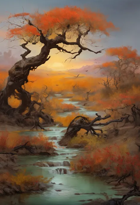 RAW photo of the landscape，Dead vines, old trees, and crows，Small bridges and flowing water，Ancient road west wind thin horse，Sunset，Broken intestines are at the end of the world，Inspired by the Tang dynasty poet Ma Zhiyuan，small detailed，realisticlying，Ul...