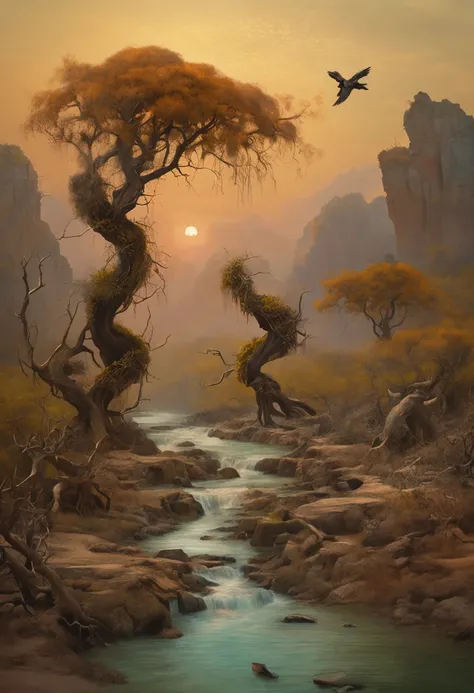 RAW photo of the landscape，Dead vines, old trees, and crows，Small bridges and flowing water，Ancient road west wind thin horse，Sunset，Broken intestines are at the end of the world，Inspired by the Tang dynasty poet Ma Zhiyuan，small detailed，realisticlying，Ul...