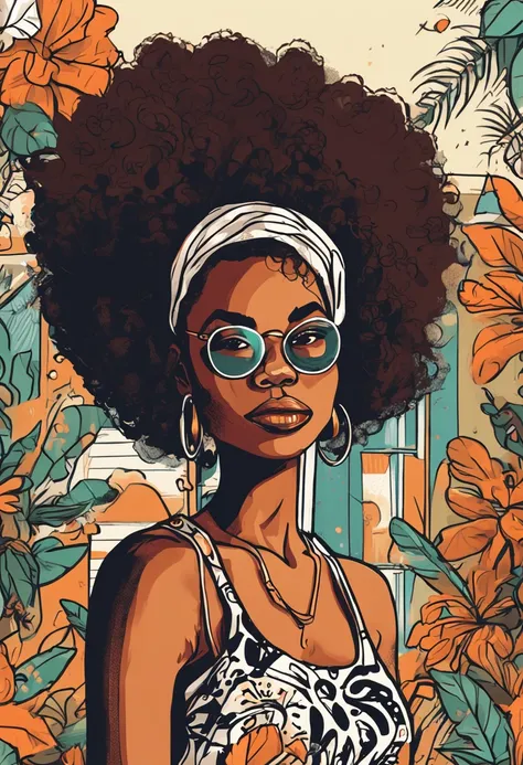 Imagem dos desenhos animados de uma mulher com um grande cabelo afro, super bonito funky menina preta, Cartoon style illustration, estilo de arte dos desenhos animados, estilo de arte dos desenhos animados, in digital illustration style, design de personag...