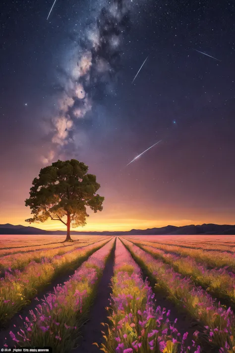 expansive landscape photography, (a view from below showing the sky above and the open field below), (full moon: 1.2), (shooting stars: 0.9), (nebula: 1.3), distant mountain, tree BREAK production art, (hot light source: 1.2), (Firefly: 1.2), lamp, very or...