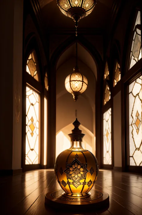 perfume bottle in an ancient Persian room, Persian glass windows, ancient Persian setting, dark background, ancient Persian, high quality, 4k, sharp