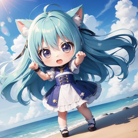 Chibichara　long hair with blue hair((Chibi Chara))、Fluffy、girl with、Chibi Chara、full body Esbian、Pastel colors hair、masutepiece、top-quality、