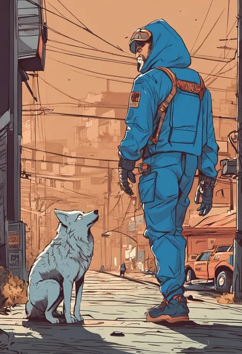 (ESTILO DESENHO) WOLF STANDING WEARING BLUE JUMPSUIT, FOFO