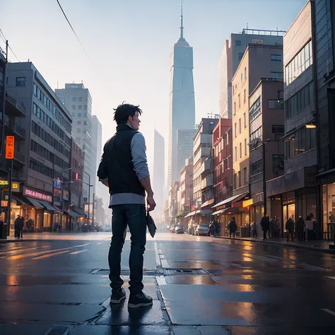 mtu，Middle age，A little muscular，A man standing on a city street，standing in a city center，looking at the city，Shanghai background，wandering in the city，Makoto Shinkai. rendering by octane