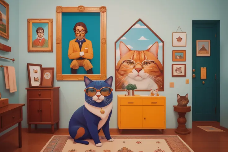 In a Wes Anderson-style art gallery, Un curador con un corte plateado y gafas de ojo de gato discute una pintura surrealista con un grupo de entusiastas del arte, sus rostros reflejan un espectro de interpretaciones.