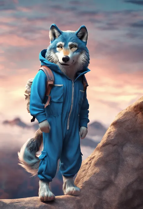 (ESTILO DESENHO) WOLF STANDING WEARING BLUE JUMPSUIT, FOFO