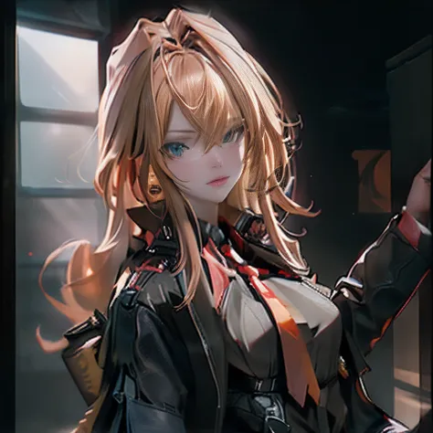 ((Best quality)), ((masterpiece)), (detailed:1.4), 3D, an image of a beautiful cyberpunk female, long almond golden hair, light brown eyes, Small red Barret, Black Soldier Shirt, Black under cloth, black panty, Grenade belt, Big chest, Big thigh, High thig...