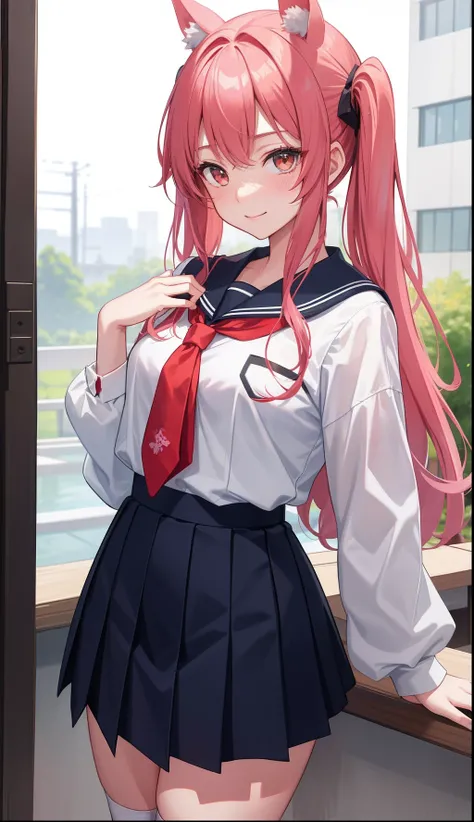 1girl in、AS-Adult、A smile、（Tsundere）、The shirt、skirt by the、（small tits）Chilarism、Japan High School Student Uniform、serafuku、summer clothing、（Sheer Bra）、Upper body portrait、horse ear（Uma Musume）、