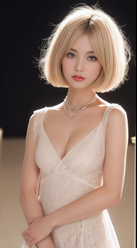 ((An ultra-high picture quality、top-quality、8k picture、​masterpiece:1.3))、Crisp focus:1.2、Beautiful woman with perfect body shape:1.4、The most beautiful face、Super Slender、abdominals:1.2、((Blonde hair、Very short cut、Beautiful and big breasts:1.2、tchibi、)Be...