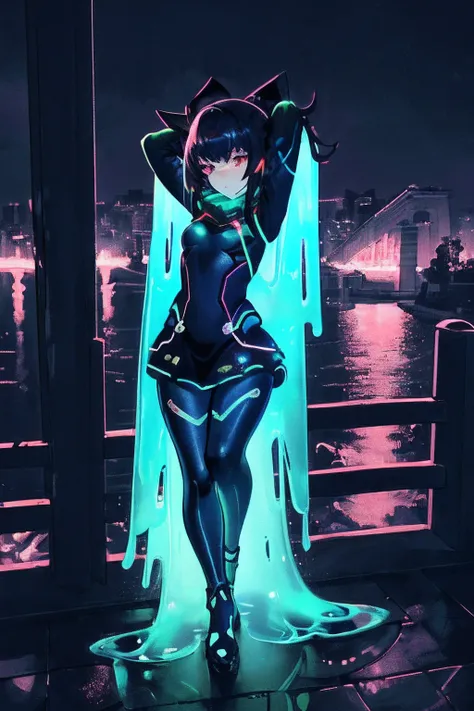 photo, high quality, (close-up shot of 1girl), to8contrast style,mechanical arms, cyborg, slime colored skin, liquid slime skin, arms up, face mask, slime girl, red eyes,(((alone in the darkness, night tokyo background, unlit, hard shadows, deep contrast))...