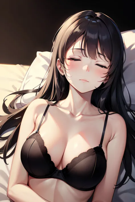 ((masterpiece, best quality, highres, UHD, perfect pixel)), Sakurajima mai, long hair, bangs, black hair, ((smooth texture:0.8, realistic texture:0.8)), ((medium breasts, cleavage)), bedroom, busty, perfect body, ((fall asleep in bed, supine, sleep beauty,...