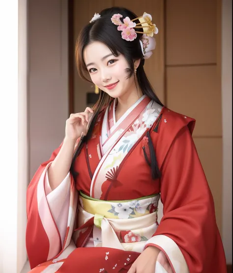 Smiling woman in kimono dress