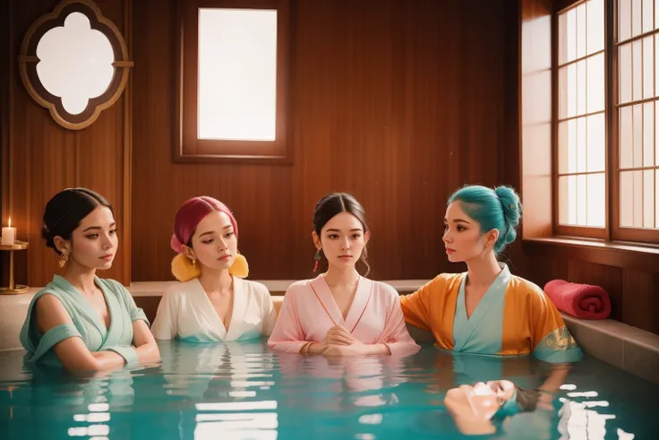 At an otherworldly Wes Anderson spa, guests with unique hairstyles and colorful robes partake in a rejuvenating ritual that promises to transport them to a dreamlike realm of relaxation.