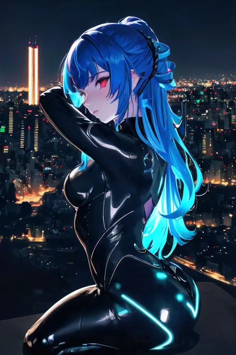 photo, high quality, (close-up shot of 1girl), to8contrast style,mechanical arms, cyborg, slime colored skin, liquid slime skin, arms up, face mask, slime girl, red eyes,(((alone in the darkness, night tokyo background, unlit, hard shadows, deep contrast))...