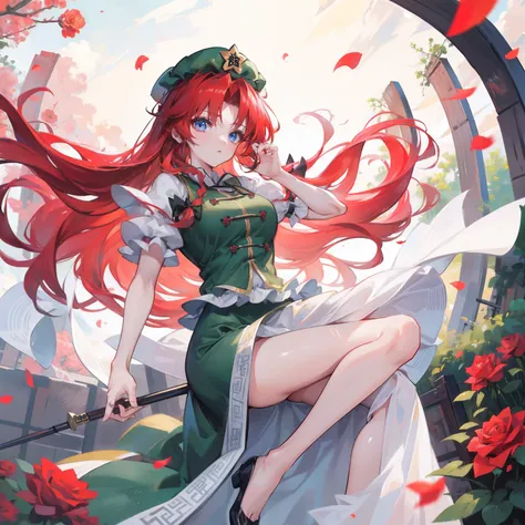 Masterpiece, Fine Detail, 4k, 8k, 12k, Solo, Pretty Girl, Caucasian Female, Hong Meiling from Touhou Project, Red Hair, Long Hair, Cheongsam, Tai Chi, Doing Tai Chi, Western Gate, Western, Rose flowers, red roses, falling petals