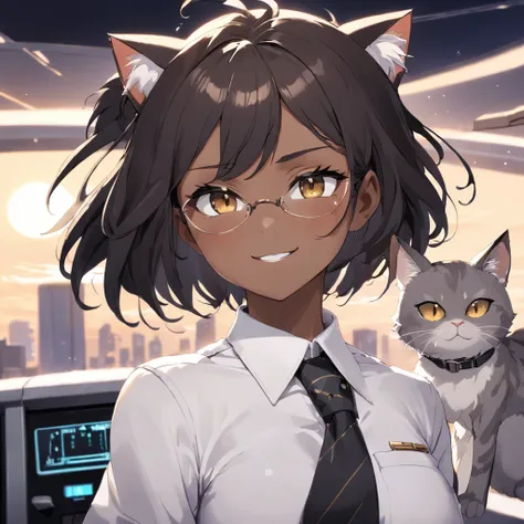 1girl in, short black bob hair, Yellow eyes, Round glasses, skin tanned,Dark skin ,Brown skin, She has light brown skin, petite body, Wearing a plain white formal work shirt, Wear long black pants, business tie, absurderes, hight resolution, ultrasharp, 8K...