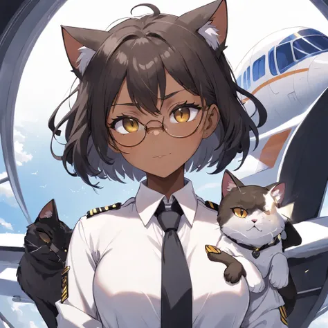 1girl in, short black bob hair, Yellow eyes, Round glasses, skin tanned,Dark skin ,Brown skin, She has light brown skin, petite body, Wearing a plain white formal work shirt, Wear long black pants, business tie, absurderes, hight resolution, ultrasharp, 8K...