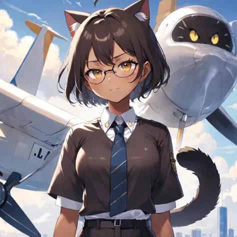 1girl in, short black bob hair, Yellow eyes, Round glasses, skin tanned,Dark skin ,Brown skin, She has light brown skin, petite body, Wearing a plain white formal work shirt, Wear long black pants, business tie, absurderes, hight resolution, ultrasharp, 8K...