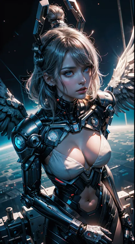 topquality、Complex background ,outer space,tmasterpiece、超High resolution、soars upwards ,(photorealestic:1.4)、RAW photo、Battle of the Cyborg Angel、Detailed hands,Large wings made of metal、White porcelain case、Acrylic transparent cover、gray hairs、Glowy skin、...