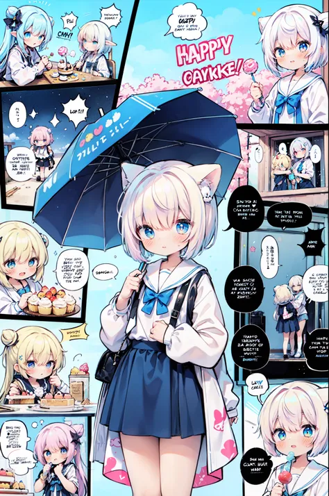 1girl in, ((comic strip))、(multiple texts)、(voice bubbles)、pastel muted colors,holding a pastel umbrella、umbrellas、 (the color p...