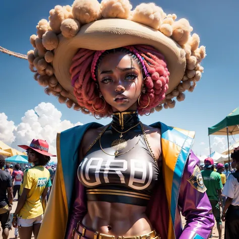 Modelo afro futurista vestindo roupa de duas cores de sarja ou brim