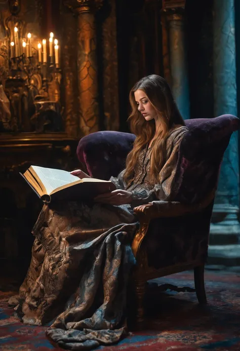 Oil painting of a long-haired young woman in a velvet dressing gown sitting on a high wingback chair reading a large book, In the Gothic library, Gloomy dramatic lighting, Deep shadows, Classic color palette, Ultra detailed, elegant, fine art, Evocative,Gu...