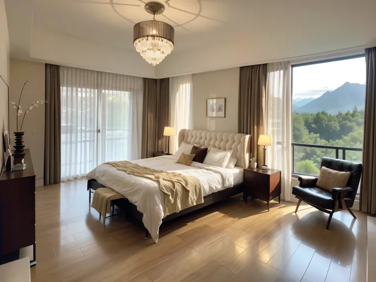 Reallightandshadow，（Realiy，realisticlying)，Step into this bedroom，It was as if I had arrived in an unknown dream。Soft lighting enveloped the room，It doesnt make people feel a trace of tension and depression。Hanging picture at the head of the bed，It is a co...