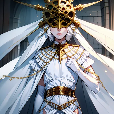 Gywndolin, white hair, androgynous, 1boy, male, femboy, flat-chested, GwyRob, white thighhighs, gold mask, covered eyes, gold jewelry, white elbow gloves, white dress, green snakes, white veil, perfect anatomy, solo