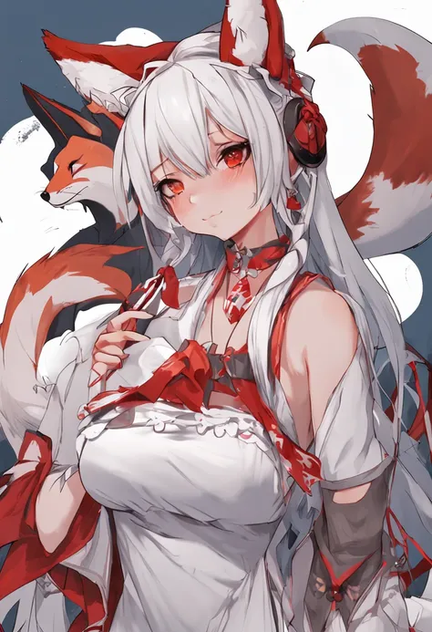 Fox ears，sliver long hair，Half tied double ponytail，Lori huge breasts cleavage，Red pupils，Red and white Lolita，Scythe in hand