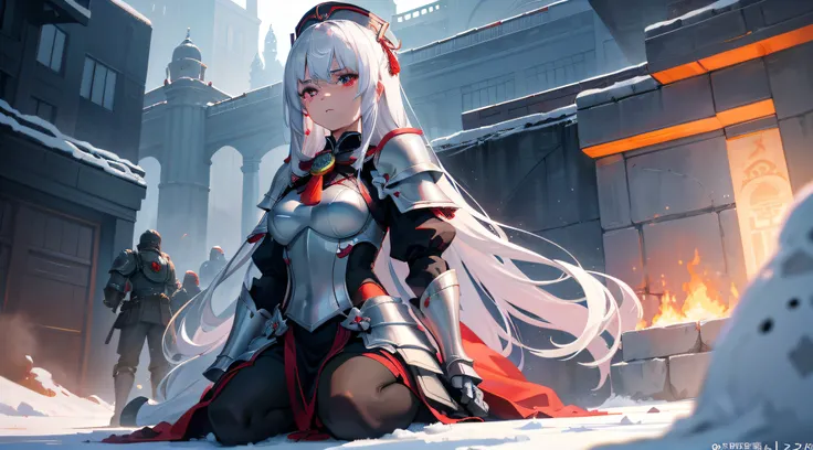 A teenage girl，White hair and red eyes，long whitr hair，Original Character、fantasy concept art、Best shadow、shallowdepthoffield、Portrait of a noble knight、Dignified、Sad expression，streaming tears，Sophisticated tactical heavy armor、Tassel waistband、Hand Guard...