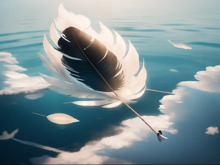 There is a feather floating in the water with a stick, Feathers flying, soft feather, feater, beautiful feathers, Loss of feathers, White feathers, feather quill, Realistic. detailed feathered, feater, transparent feathers, Beautiful digital artwork, detai...