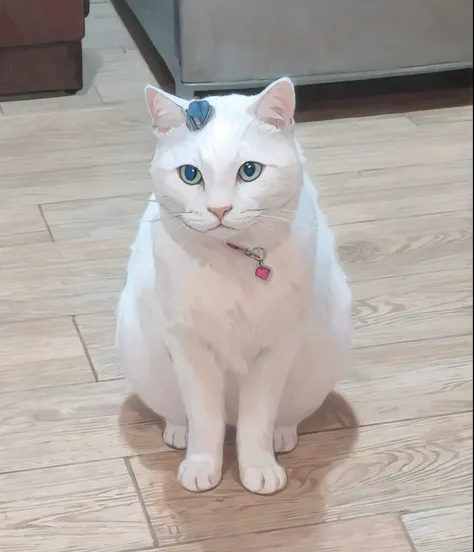 A white cat, poker face, pink nose, realistic