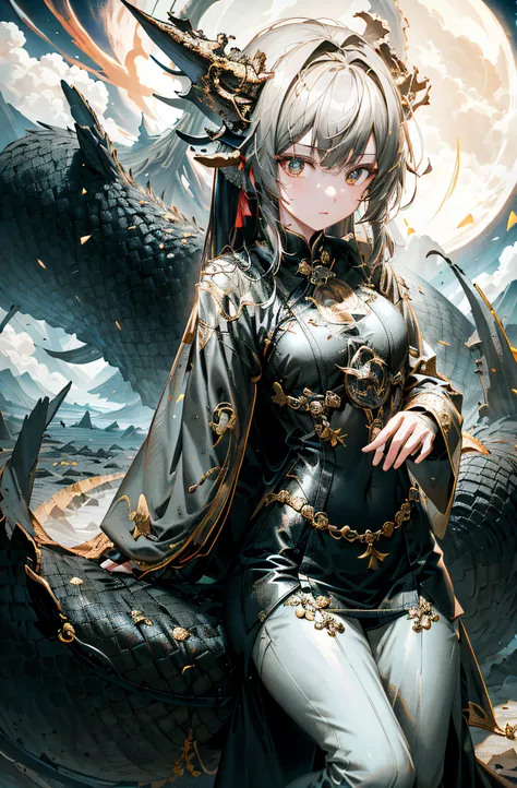 anime girl sitting on a dragon，the background is the full moon。, trending on artstation pixiv, with scaly-looking armor, by yang...