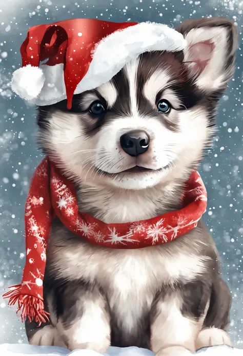 A cute and cute Christmas husky puppy wearing a Santa hat, Bring gifts, aquarelle, watercolor paiting, Highly detailed, clip art, clip art, On a white background, aquarelle, in the view, High quality, photograph realistic, Holiday, festivity, Christmas