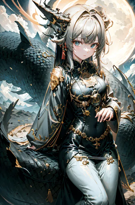 anime girl sitting on a dragon，the background is the full moon。, trending on artstation pixiv, with scaly-looking armor, by yang...