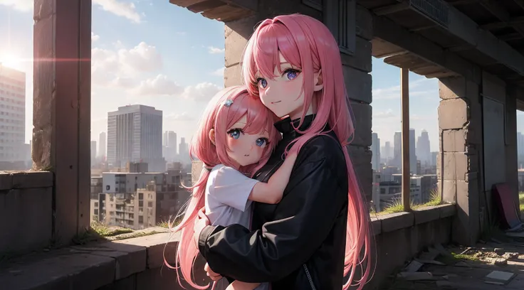 The sun was shining at 10 a.m，Abandoned cities，8K，hyper HD，A pink-haired，Mother and daughter，