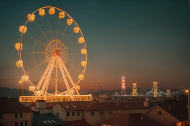 In a Wes Anderson carnival at twilight, an enormous, luminescent Ferris wheel dazzles the sky as tiny riders in the distance experience the exhilarating ascent to its highest point.