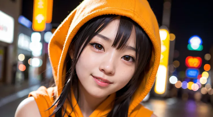 1girl, Tokyo street,night, cityscape,city lights,upper body,close-up,smile, orange yellow hoodie, (8k, RAW photo, best quality, masterpiece:1.2),(realistic, photo-realistic:1.37), clear face