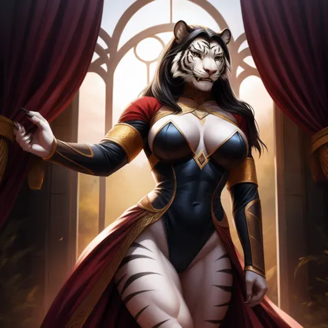 (realistic, high-quality) mature woman transformed into anthropomorphic white tiger. clad in a high cut black leotard that shows off her muscular, toned, hourglass body, along with sexy hips and large bust. she has flowing long black hair. baring both shar...